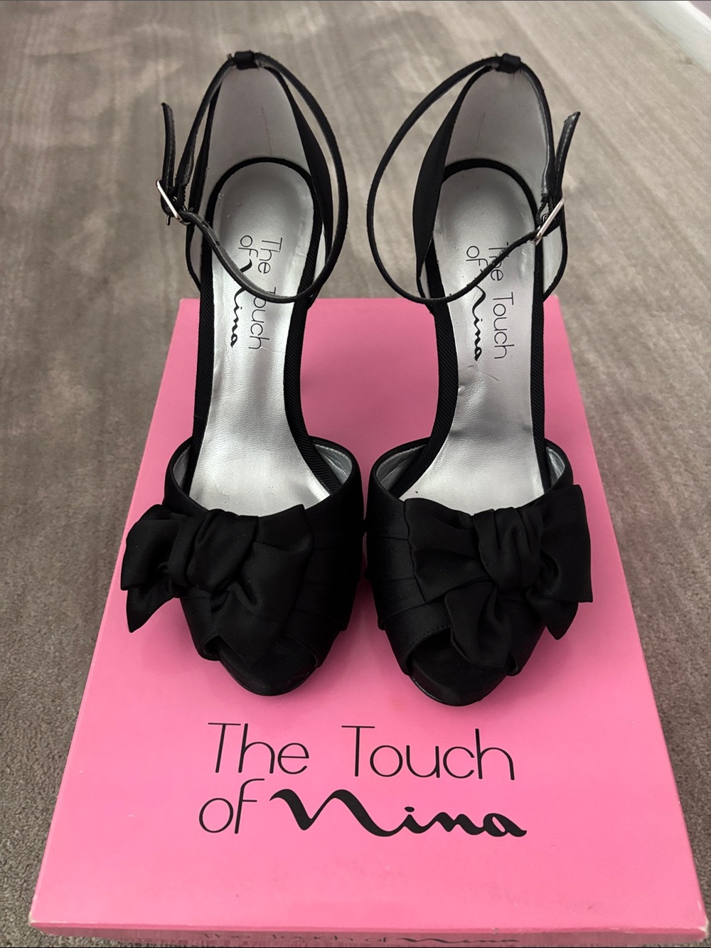 The Touch of Nina Ups Black Bow Peep-Toe Ankle Strap Heels